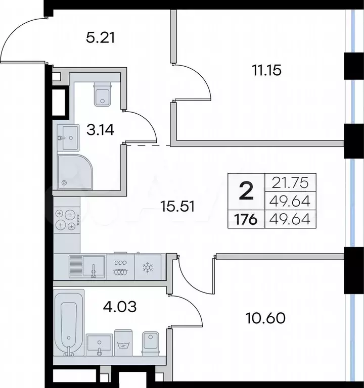 2-к. квартира, 49,6 м, 3/8 эт. - Фото 0