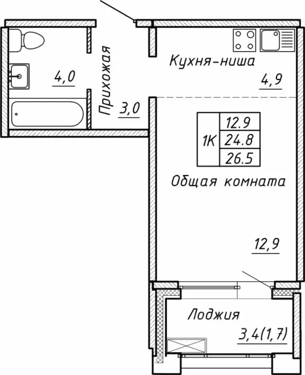 Свободной планировки кв. Новосибирская область, Новосибирск  (26.5 м) - Фото 0