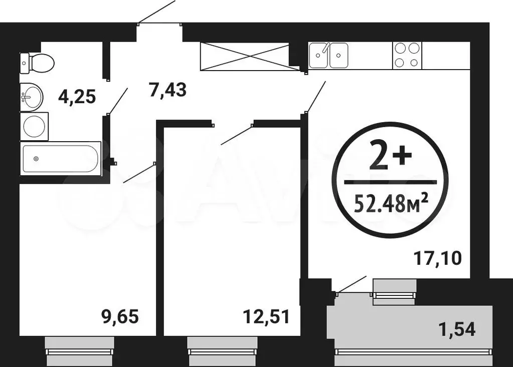 2-к. квартира, 52,5 м, 1/8 эт. - Фото 0