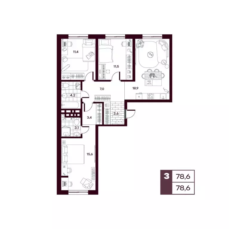 3-комнатная квартира: Дударева, ЖК Макс (77.86 м) - Фото 1