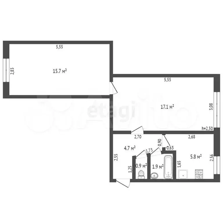 2-к. квартира, 46,1 м, 1/5 эт. - Фото 1