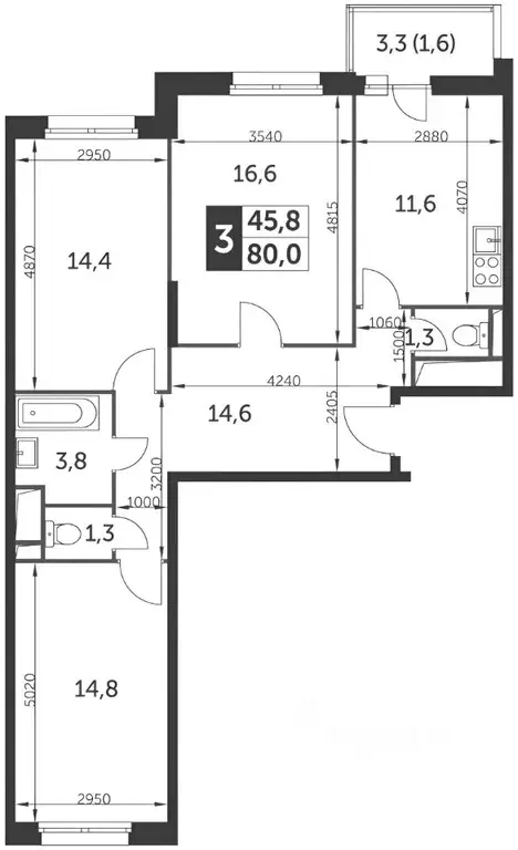 3-к кв. Москва ул. Красная Сосна, 3 (80.0 м) - Фото 2
