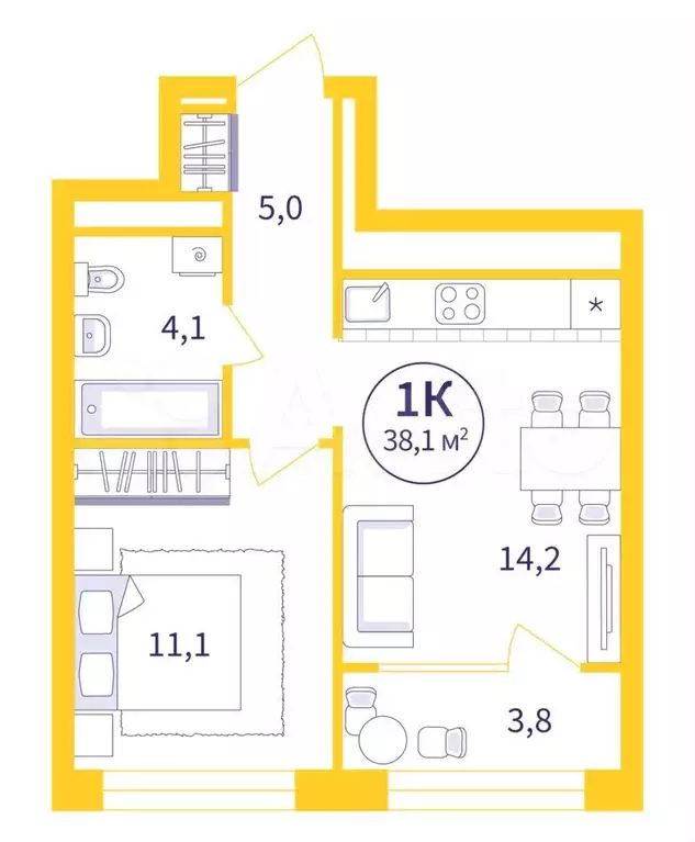 1-к. квартира, 38,1 м, 20/26 эт. - Фото 1