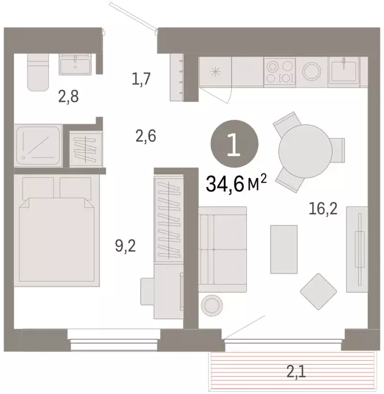 1-комнатная квартира: Новосибирск, квартал Лебедевский (34.6 м) - Фото 1