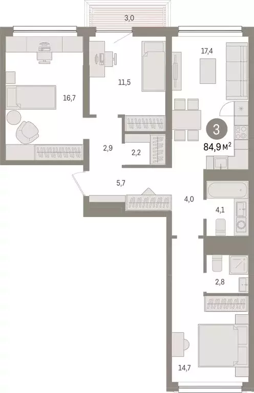 3-комнатная квартира: Тюмень, Мысовская улица, 26к1 (84.86 м) - Фото 1