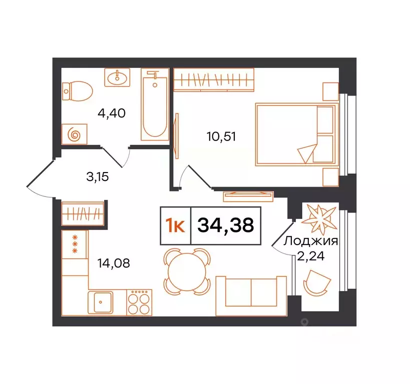 1-к кв. Тюменская область, Тюмень Полевая ул., 117к13 (34.38 м) - Фото 1