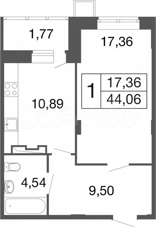 1-к. квартира, 44,1 м, 1/9 эт. - Фото 0