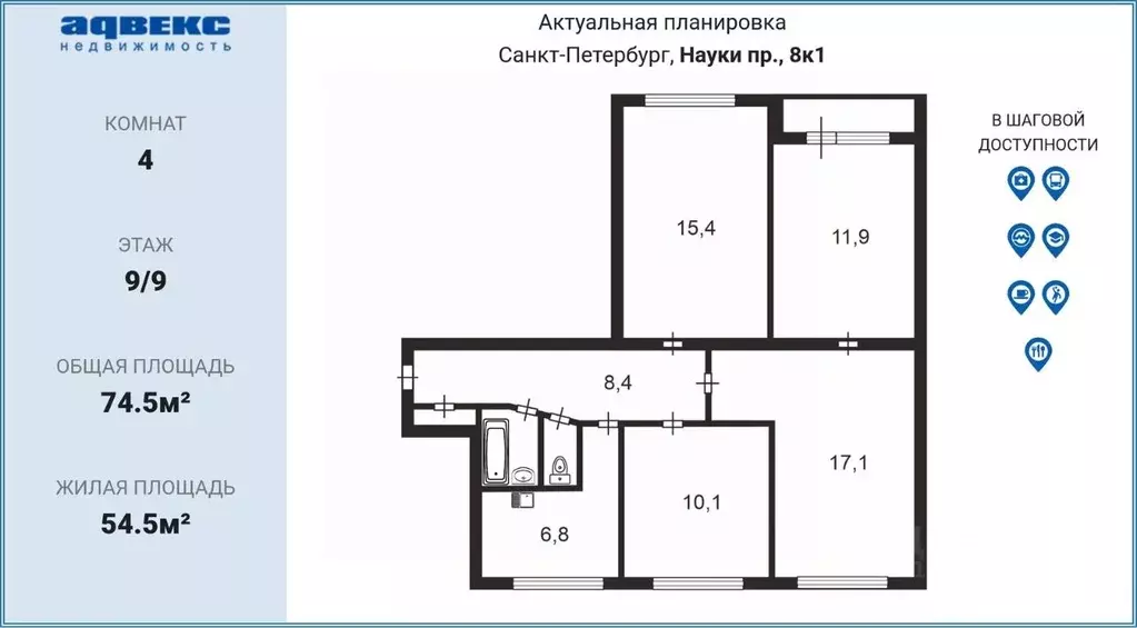 4-к кв. Санкт-Петербург просп. Науки, 8К1 (74.5 м) - Фото 1