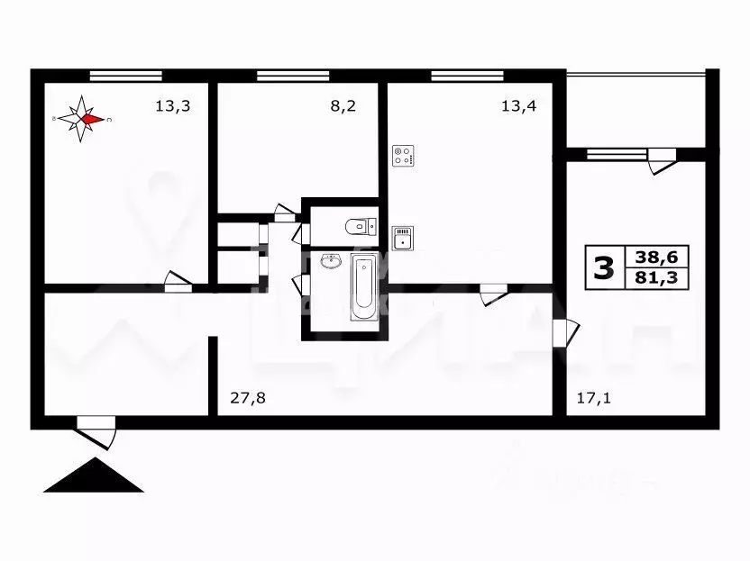 3-к кв. Челябинская область, Челябинск ул. Косарева, 52 (83.2 м) - Фото 2