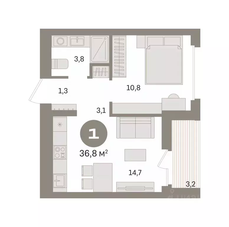 1-к кв. Омская область, Омск  (36.77 м) - Фото 1