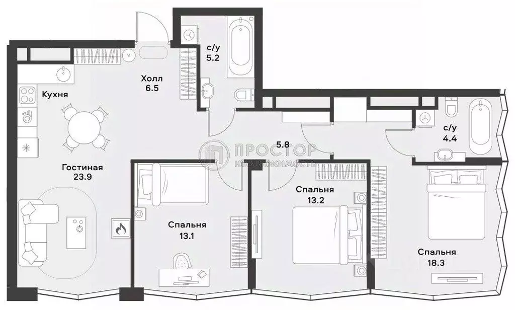 Квартира, 4 комнаты, 91.3 м - Фото 2
