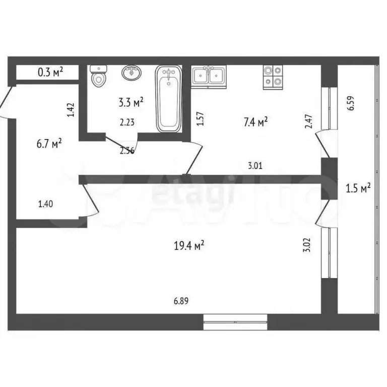 1-к. квартира, 37,1 м, 1/2 эт. - Фото 0