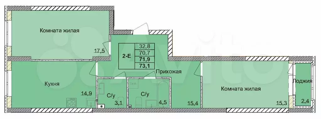 2-к. квартира, 71,9 м, 1/18 эт. - Фото 0