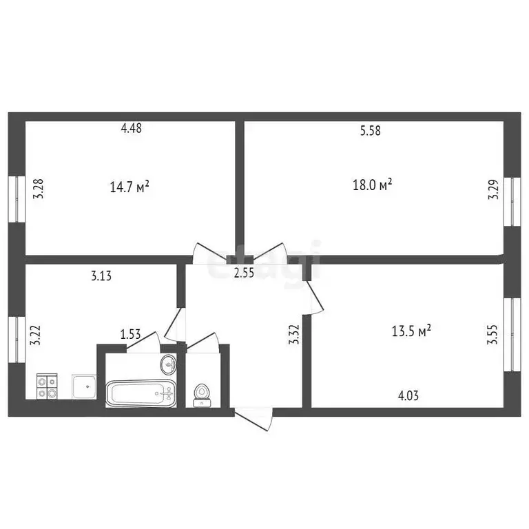 3-комнатная квартира: Белоозёрский, Комсомольская улица, 5 (64.2 м) - Фото 1