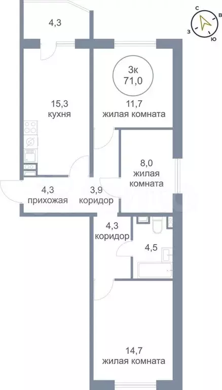 3-к. квартира, 71 м, 3/5 эт. - Фото 0