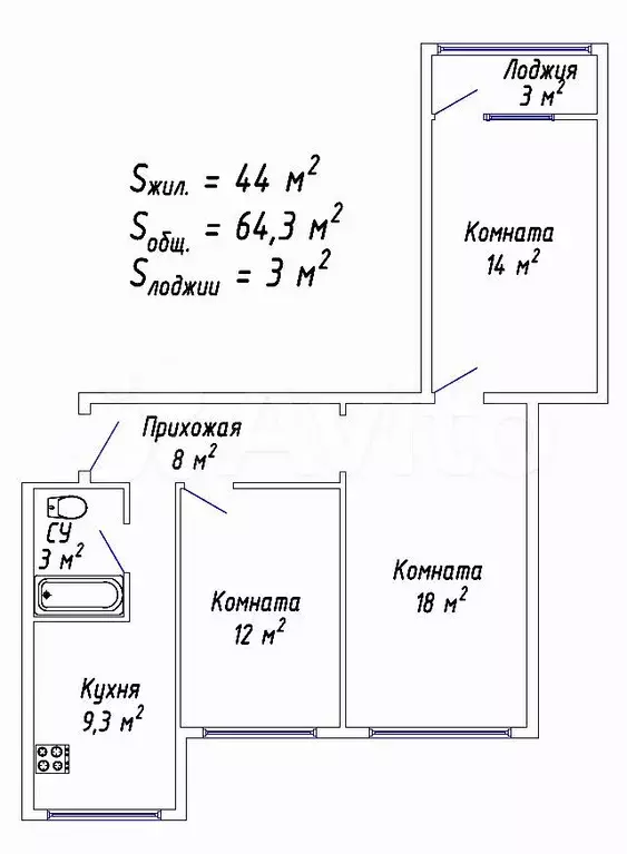 3-к. квартира, 64,3 м, 4/9 эт. - Фото 0