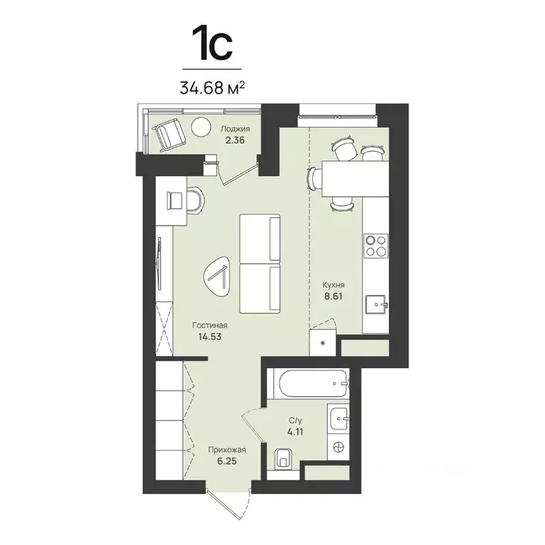 1-к кв. Пермский край, Пермь Уинская ул., 54 (34.68 м) - Фото 1