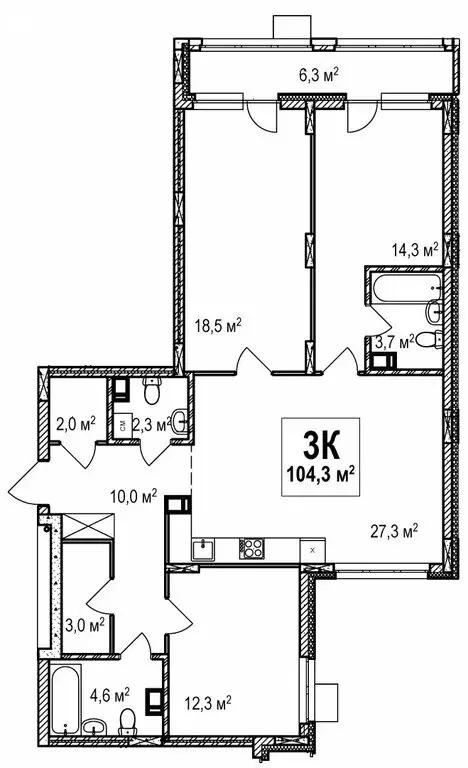 3-комнатная квартира: Нижний Новгород, проспект Гагарина, 36к4 (104.3 ... - Фото 1