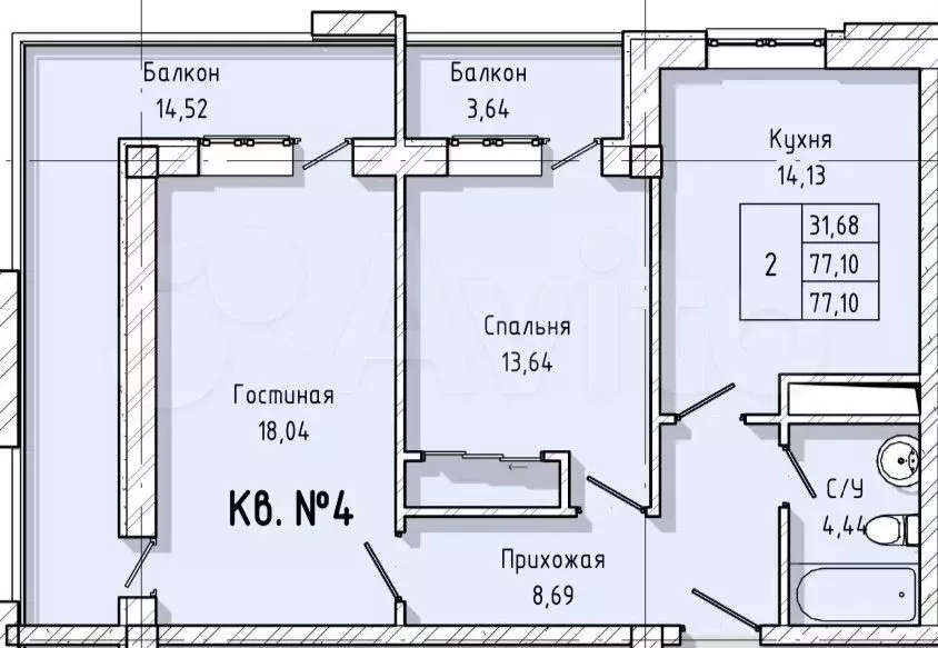 2-к. квартира, 77,1 м, 2/8 эт. - Фото 0