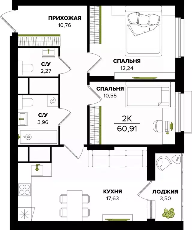 2-к кв. Тульская область, Тула  (60.91 м) - Фото 0