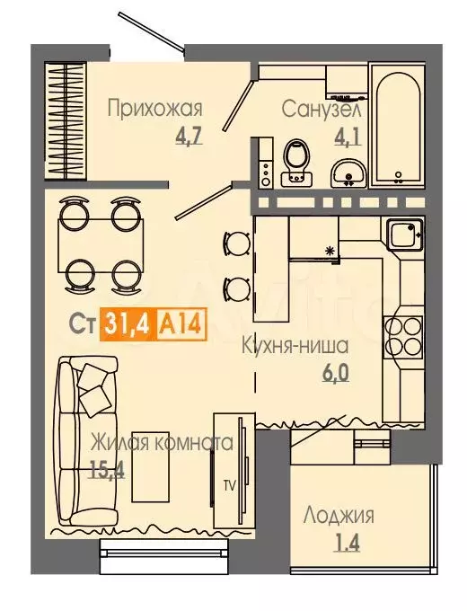 Квартира-студия, 31,4м, 9/17эт. - Фото 0