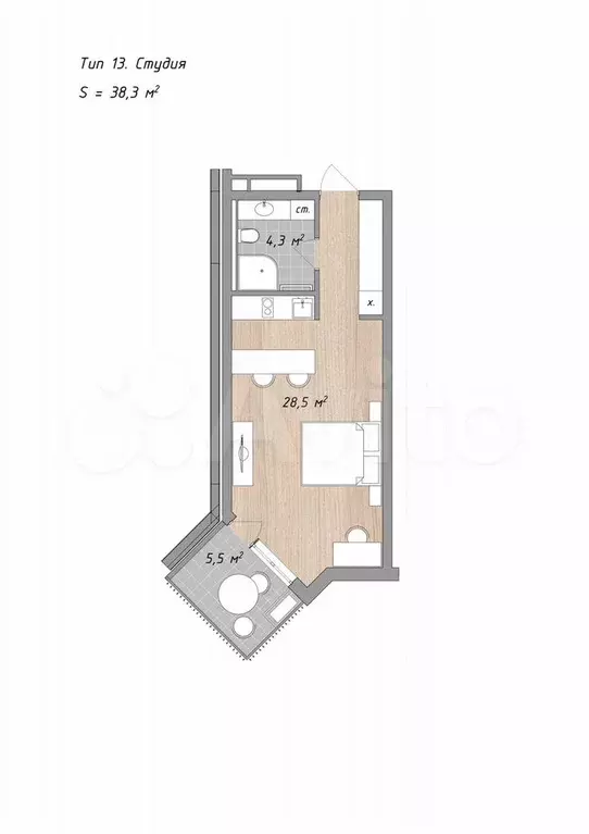 Апартаменты-студия, 38,3 м, 2/4 эт. - Фото 0