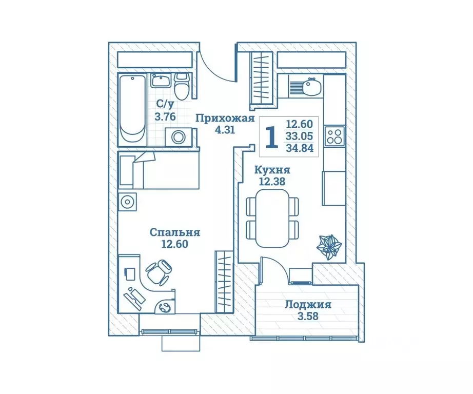 Квартира, 1 комната, 34.84 м - Фото 1