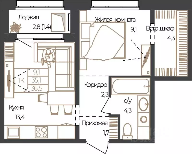 1-к кв. Алтай, Майминский район, с. Майма, Алгаир-2 кв-л  (36.5 м) - Фото 1