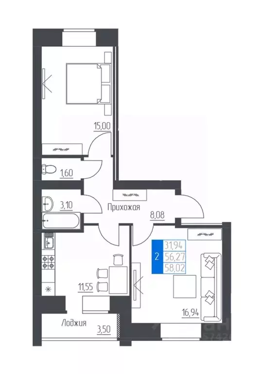 2-к кв. Башкортостан, Октябрьский просп. Ленина, 84 (58.02 м) - Фото 1