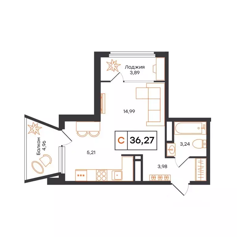 Студия Тюменская область, Тюмень ул. Бориса Прудаева, 7 (36.27 м) - Фото 1