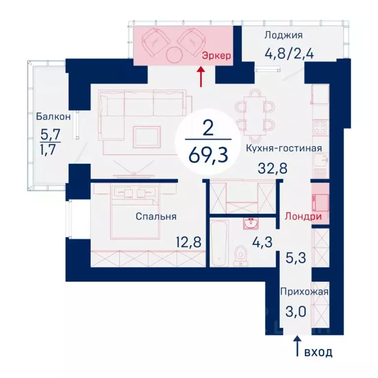 2-к кв. Красноярский край, Красноярск ул. Авиаторов, 4Г (69.0 м) - Фото 1