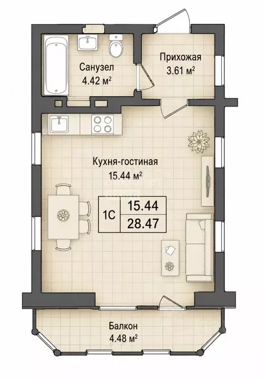 Студия Новосибирская область, Новосибирск ул. Кирова, 236 (29.0 м) - Фото 2