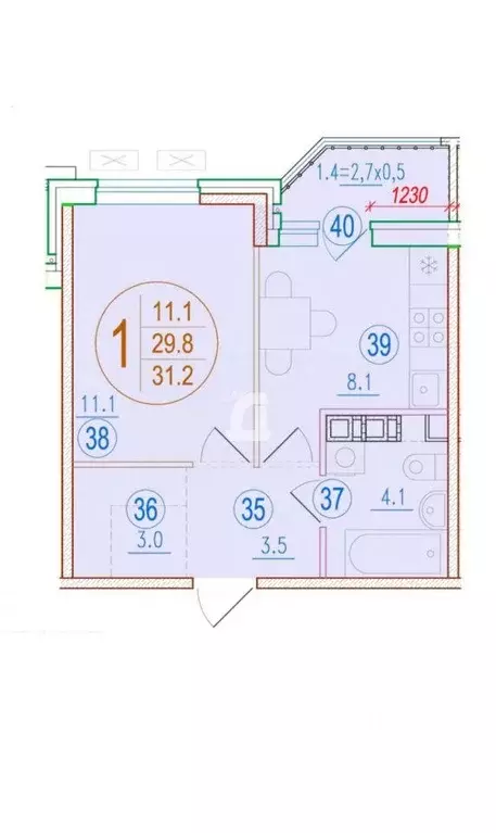 Квартира, 1 комната, 31.2 м - Фото 0