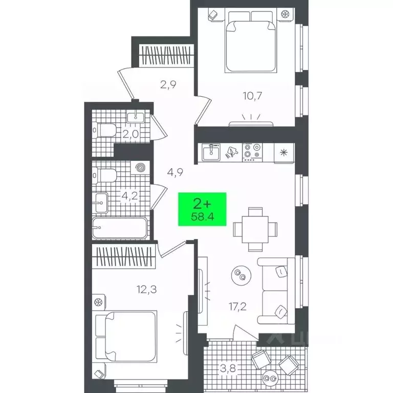 2-к кв. Тюменская область, Тюмень ул. Василия Малкова, 19 (58.42 м) - Фото 0