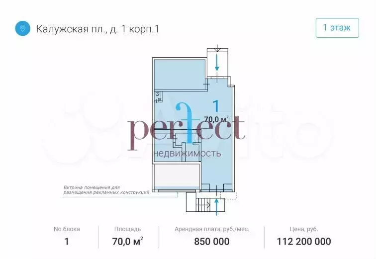 Аренда торгового помещения 70 м2 (1 этаж), Калужская пл. д.1 корп.1 - Фото 0