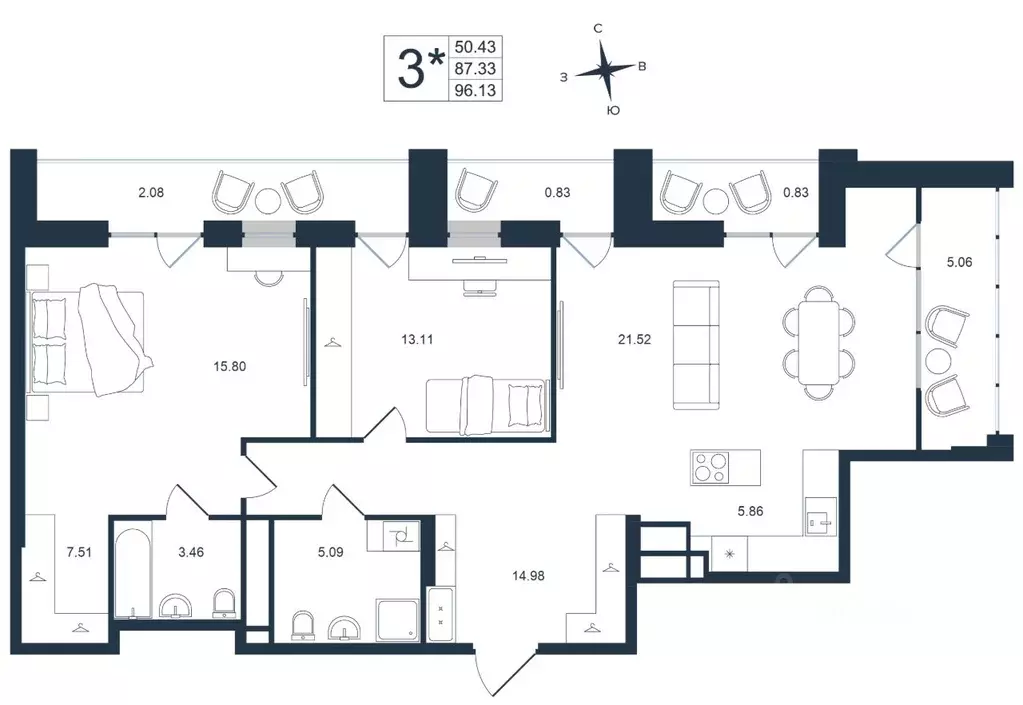 3-к кв. Приморский край, Владивосток Архитектор жилой комплекс (96.13 ... - Фото 1