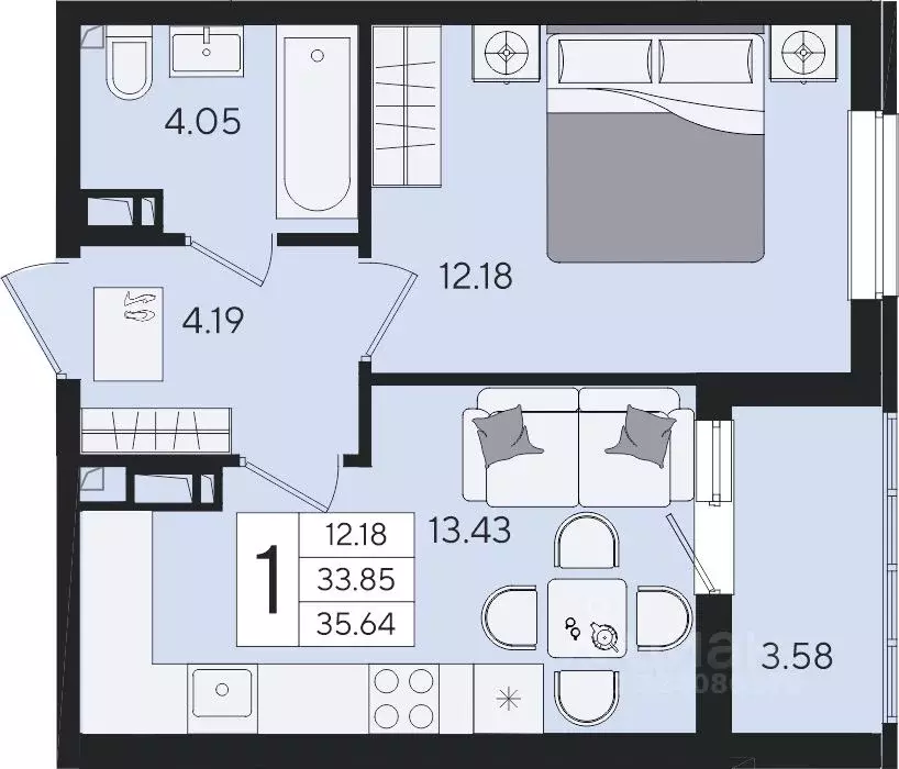 1-к кв. Краснодарский край, Краснодар  (35.64 м) - Фото 2