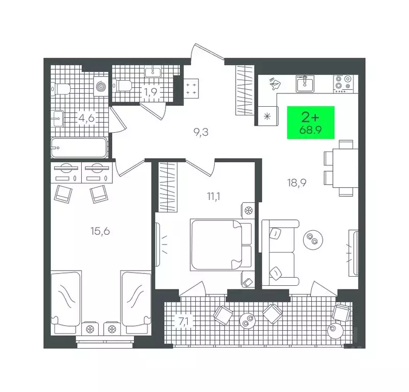 2-к кв. Тюменская область, Тюмень ул. Василия Малкова, 19 (68.99 м) - Фото 0