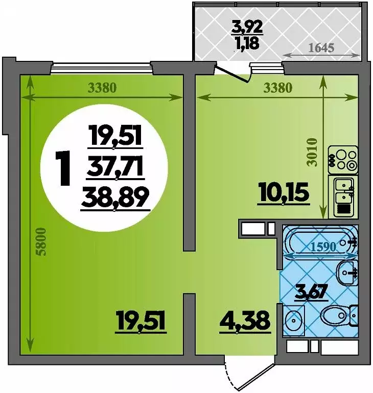 1-комнатная квартира: Майкоп, улица Олега Цокова, 3 (38.89 м) - Фото 1