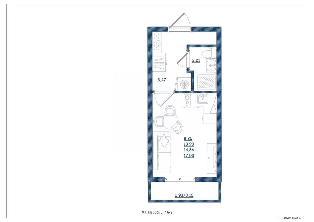 Студия Тверская область, Тверь ул. Медовая, 9к6 (17.0 м) - Фото 1