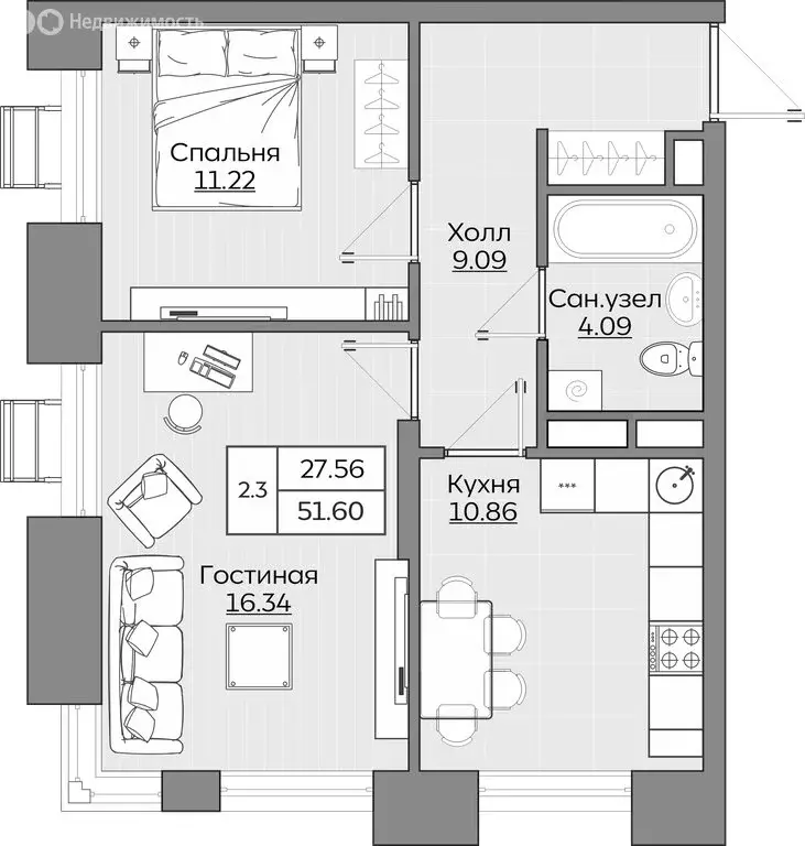2-комнатная квартира: Казань, улица Рауиса Гареева, 123 (51.6 м) - Фото 1