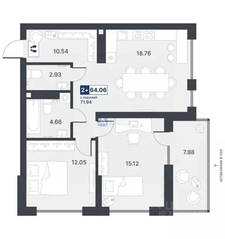 2-к кв. Тюменская область, Тюмень ДОК мкр, ул. Рылеева, 31 (64.06 м) - Фото 1
