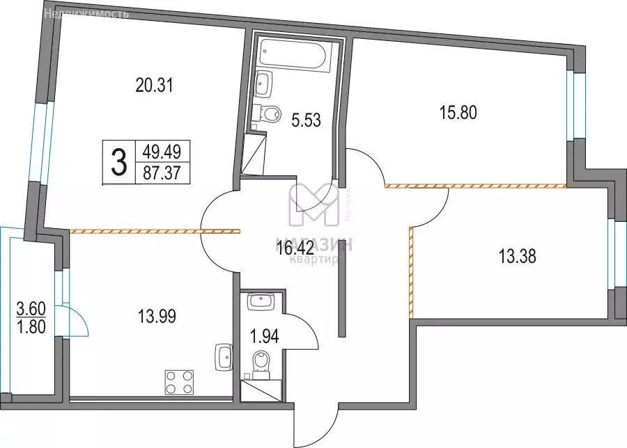 3-комнатная квартира: Санкт-Петербург, Коломяжский проспект, 13к3 ... - Фото 1
