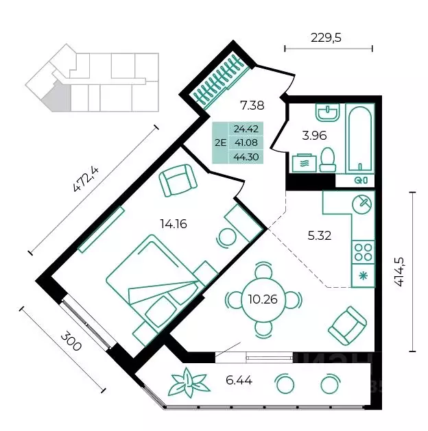2-к кв. Адыгея, Майкопский район, пос. Тульский ул. Заречная (44.3 м) - Фото 1