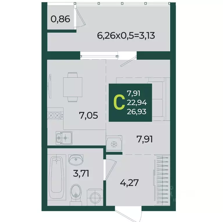 Студия Краснодарский край, Краснодар Образцово мкр,  (26.93 м) - Фото 1