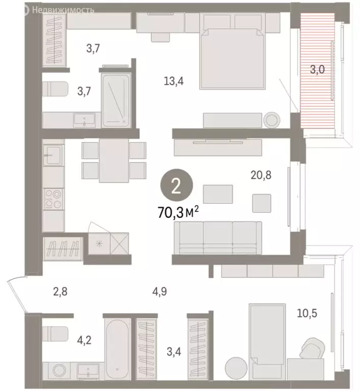 2-комнатная квартира: Тюмень, жилой комплекс На Минской (70.33 м) - Фото 1