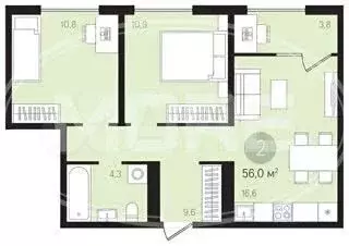 2-к. квартира, 56 м, 3/5 эт. - Фото 0