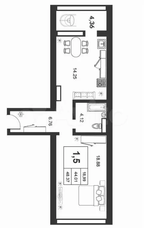 1-к. квартира, 44,9 м, 8/9 эт. - Фото 0