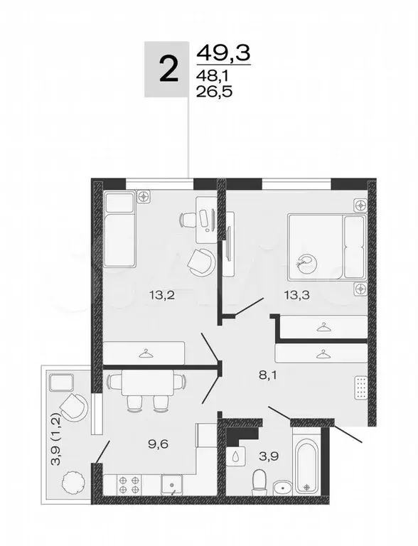 2-к. квартира, 49,3 м, 2/4 эт. - Фото 0