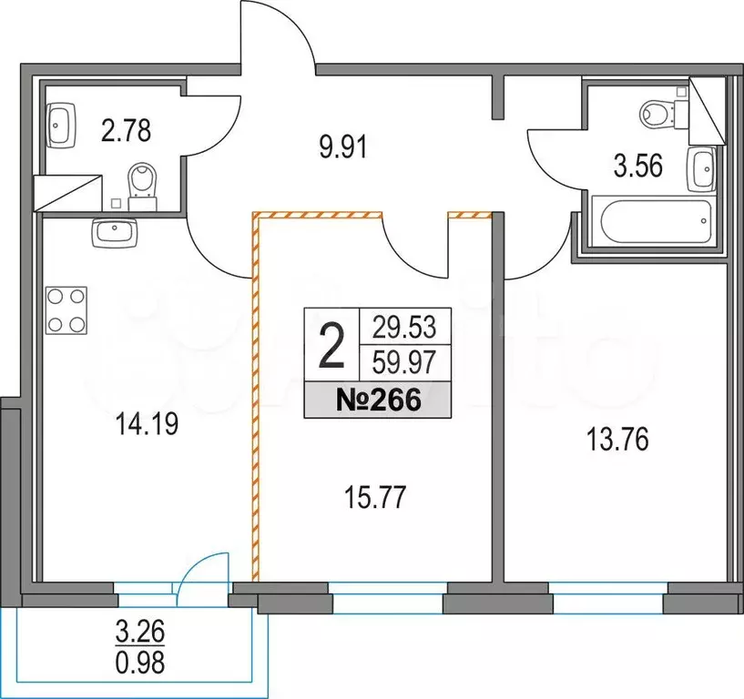 2-к. квартира, 60 м, 4/21 эт. - Фото 0